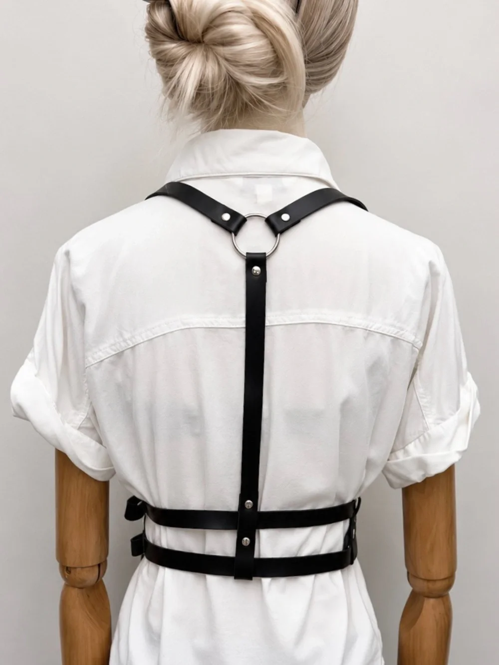 Black FauxLeather Harness Belt Body Chain Y2K Punk Adjustable Strappy Waist Belt